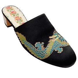Gucci Black Satin Mules with Embroidered Dragon and Crystal Embellished Heel Black