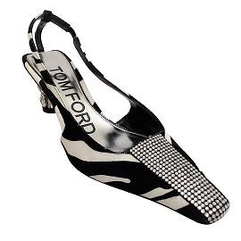 Tom Ford Black / White Velvet Zebra Slingback Pumps with Crystal Embellishments Black