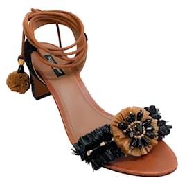 Dolce & Gabbana-Dolce & Gabbana Brown / Sandália preta ráfia com amarração no tornozelo-Marrom