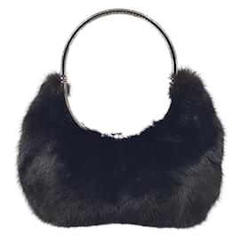 Valentino Garavani-Valentino Crystal Embellished Mink Black Fur Clutch-Black