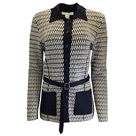 Oscar de la Renta-Oscar de la Renta Noir / Cardigan boutonné en tricot de laine à manches longues et ceinture bicolore ivoire-Noir