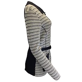 Oscar de la Renta-Oscar de la Renta Black / Ivory Two-Tone Belted Long Sleeved Wool Knit Button-down Cardigan Sweater-Black