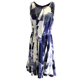 Oscar de la Renta-Oscar de la Renta Blue / White Printed Sleeveless Silk Dress-Blue