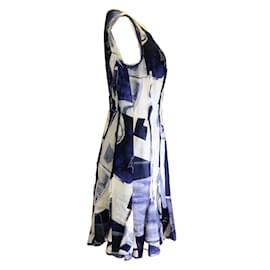 Oscar de la Renta-Oscar de la Renta Blue / White Printed Sleeveless Silk Dress-Blue