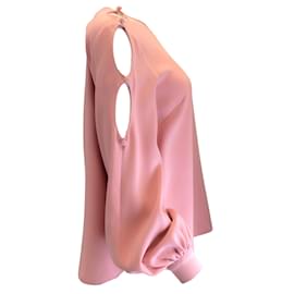 Oscar de la Renta-Oscar de la Renta Keyhole Sleeve Stretch Silk Blouse in Pink-Pink