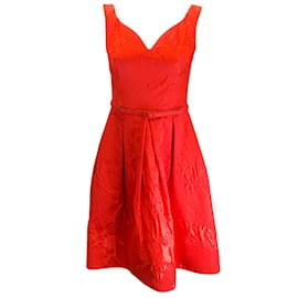 Oscar de la Renta-Oscar de la Renta Red Belted Sleeveless Flared Silk Damask Brocade Dress-Red