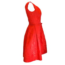 Oscar de la Renta-Oscar de la Renta Vestido de brocado de damasco de seda acampanado sin mangas con cinturón rojo-Roja