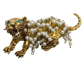 Autre Marque-Pauline Rader Gold Vintage Pearl and Gemstone Embellished Tiger Brooch-Golden