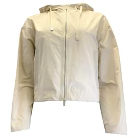 Peserico-Peserico-Creme / Silberne Monili-Jacke mit durchgehendem Reißverschluss und Kapuze mit Perlendetail-Beige