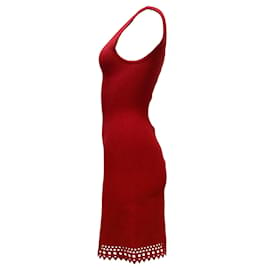 Alaïa-ALAÏA Vestido de cóctel de punto ajustado con cuello de pico y sin mangas con detalle de aberturas en rojo-Roja