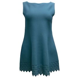 ALAÏA Teal Blue Perforated Diamond Knit Hem Sleeveless Knit Long Flared Blouse Blue