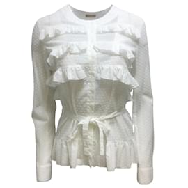 Alaïa-ALAÏA Blusa blanca con detalle de volantes, cinturón, manga larga, botones, lunares suizos-Blanco