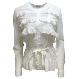 ALAÏA Camicetta a pois svizzera a maniche lunghe con cintura e dettagli increspati bianchi Bianco