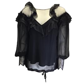 Alberta Ferretti-Alberta Ferretti Black Lace Detail Silk Chiffon Top-Black