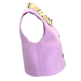 Alessandra Rich-Alessandra Rich Lilac Python Print Leather Collar Tweed Boucle Knit Gilet Vest-Purple
