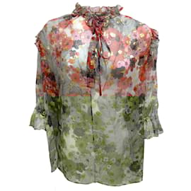Alexander Mcqueen-Alexander McQueen red / pink / Gold Metallic Floral Rose Printed Tie-neck Silk Blouse-Multiple colors
