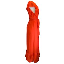 Autre Marque-Monique Lhuillier Collection Robe longue en soie rouge coquelicot à volants et ceinture-Rouge