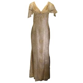 Autre Marque-Marchesa Notte Gold Metallic / Beige Embellished Mesh Tulle Front Slit Gown / formal dress-Golden