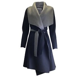 Diane von Furstenberg Navy Blue / Grey Jenna Belted Reversible Wool Coat Blue