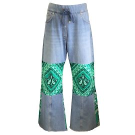 Etro Azul / Vaqueros de mezclilla de pernera ancha con paneles de Paisley verde Azul