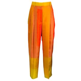 Autre Marque-Partow Orange / Yellow Rio Pintucked Silk Twill Straight Leg Trousers / Pants-Orange