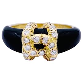Cartier-Cartier ring, "lined-C", yellow gold, onyx, diamants.-Other