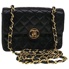 Chanel-CHANEL Mini Matelasse Bolso de hombro con cadena Piel de cordero Negro CC Auth 42862-Negro