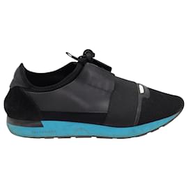 Balenciaga-Balenciaga Race Runners Low Top Sneakers in Black and Blue Leather and Mesh-Black