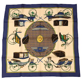 Hermès-HERMES CARRE 90 LES VOITURES A TRANSFORMATION Scarf Silk Blue Yellow Auth 42857-Blue,Green,Yellow