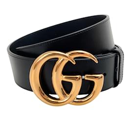 Gucci-Ceinture large en cuir noir Gucci avec boucle logo GG dorée-Autre