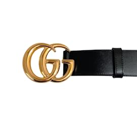 Gucci-Ceinture large en cuir noir Gucci avec boucle logo GG dorée-Noir