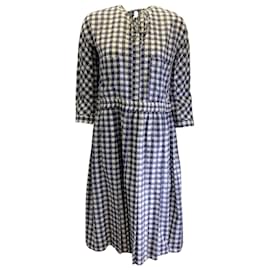 Autre Marque-Sara Lanzi Navy Blue / White Houndstooth Printed Midi Dress-Blue