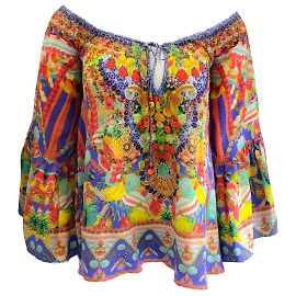 Camilla Red / Blusa de seda com estampa de frutas azul multistrass enfeitada Outro