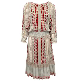 Autre Marque-Warm Ivory / Red / Multi Shirred Silk Three Quarter Sleeve Dress-Cream