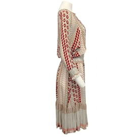 Autre Marque-Warm Ivory / Red / Multi Shirred Silk Three Quarter Sleeve Dress-Cream