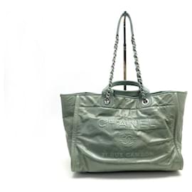 Chanel-SAC A MAIN CHANEL CABAS DEAUVILLE MEDIUM CUIR VERT GREEN LEATHER TOTE BAG-Vert
