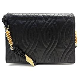 Fendi-VINTAGE SAC A MAIN FENDI PASTA BANDOULIERE CUIR NOIR MATELASSE HAND BAG-Noir