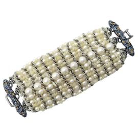 Chanel-BRACELET CHANEL MANCHETTE 10 RANGS PERLES 20 PEARLS BANGLE CUFF STRAP-Écru