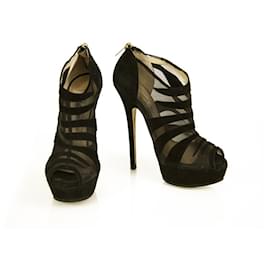 Jimmy Choo-Jimmy Choo Black Suede & Sheer Fabric Peep Toe Booties Slim Heel Shoes size 37.5-Black