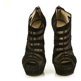 Jimmy Choo-Jimmy Choo Black Suede & Sheer Fabric Peep Toe Booties Slim Heel Shoes size 37.5-Black