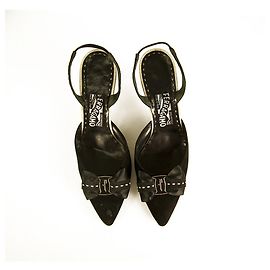 Salvatore Ferragamo Black Suede Pointed Toe Bow Slingback heels pumps size 9.5 Black