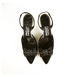 Salvatore Ferragamo-Salvatore Ferragamo Black Suede Pointed Toe Bow Slingback heels pumps size 9.5-Black