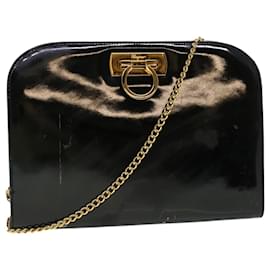 Salvatore Ferragamo-Salvatore Ferragamo Gancini Bolsa tiracolo com corrente Couro envernizado Preto Auth 43098-Preto