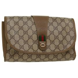 Gucci-GUCCI GG Canvas Web Sherry Line Clutch Bag PVC Leather Beige Green Auth 43092-Beige,Green