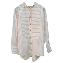 Chanel-Chanel White Striped Collarless Shirt-Multiple colors