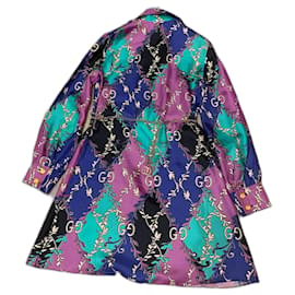 Gucci-Minivestido camisero Gucci de seda con cinturón de cadena-Multicolor
