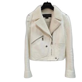 Louis Vuitton Fur Collar Ivory Leather Biker Jacket Beige