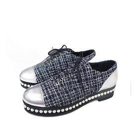 Chanel Schwarz-Silber-Tweed-Perlen-Schnür-Oxford Grau