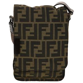 Fendi-FENDI Zucca Canvas Shoulder Bag Black Brown Auth 43693-Brown,Black