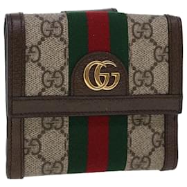 Gucci-GUCCI GG Canvas Web Sherry Line Trifold Wallet Cuero de PVC Beige Rojo Auth 42974-Roja,Beige,Verde